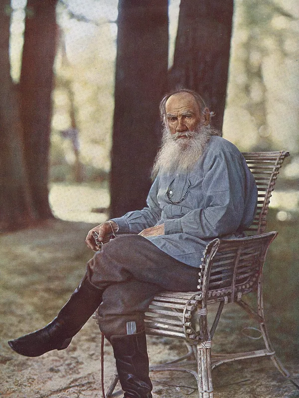Leo Tolstoy at Yasnaya Polyana, photographed in colour by Sergei Prokudin-Gorsky, 1908