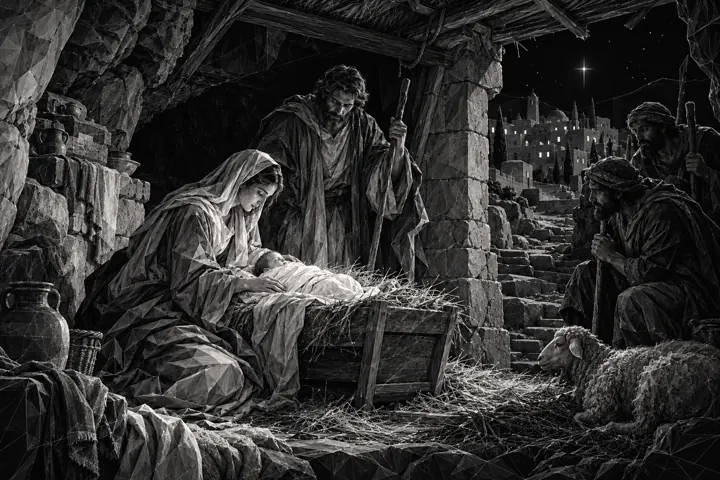 Monochrome nativity in a limestone grotto